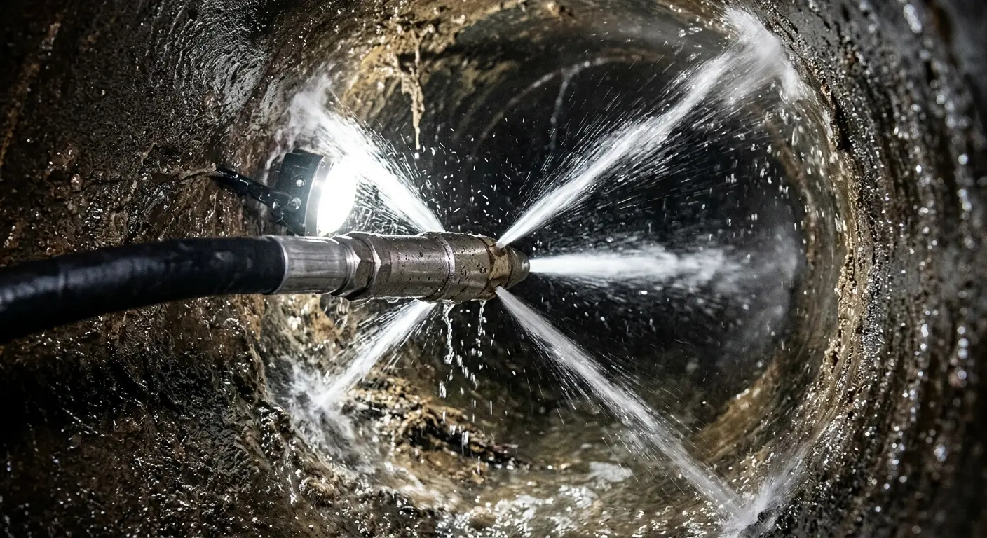 High-pressure hydro jetting nozzle cleaning sewer pipe for Sewer Cleanout in Eastpointe
