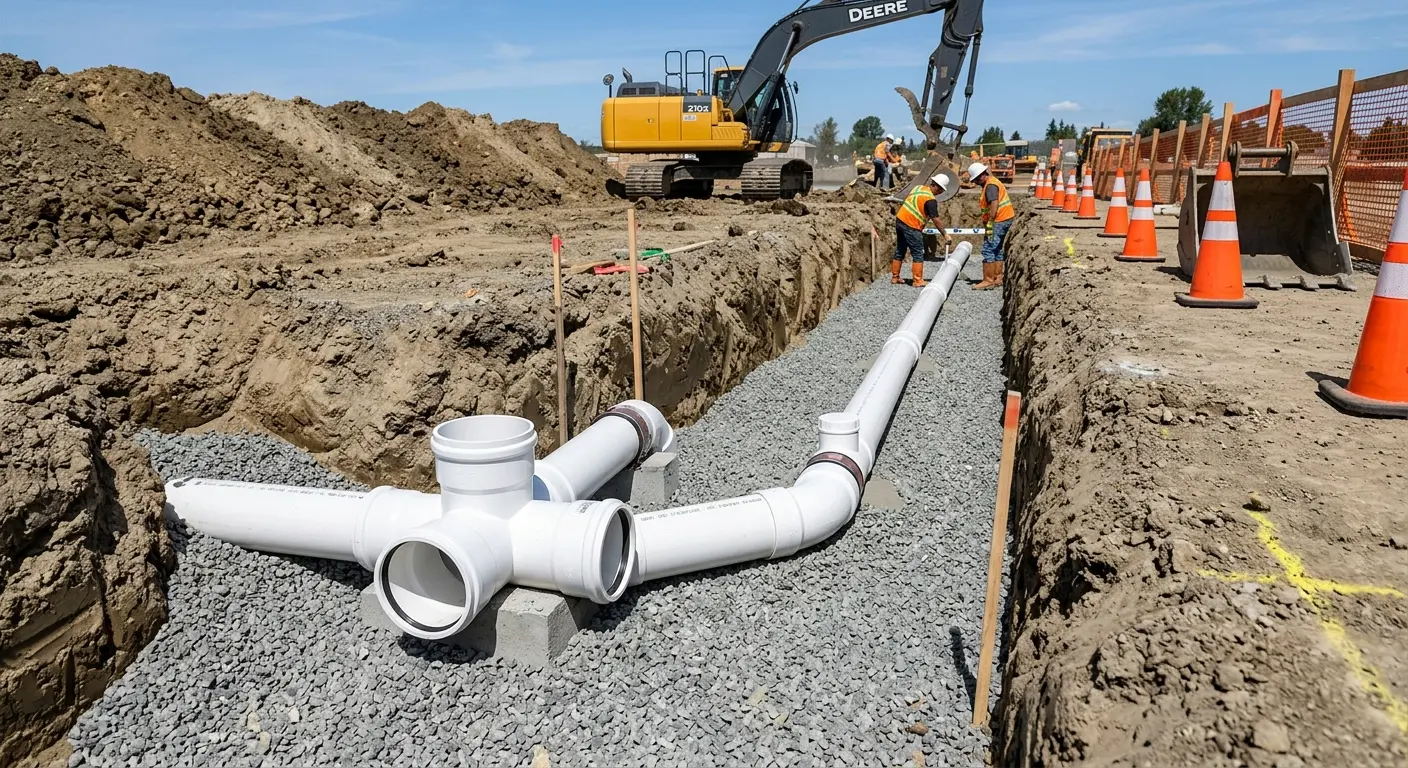 New PVC sewer pipe installation in open trench for Sewer Backup in Eastpointe