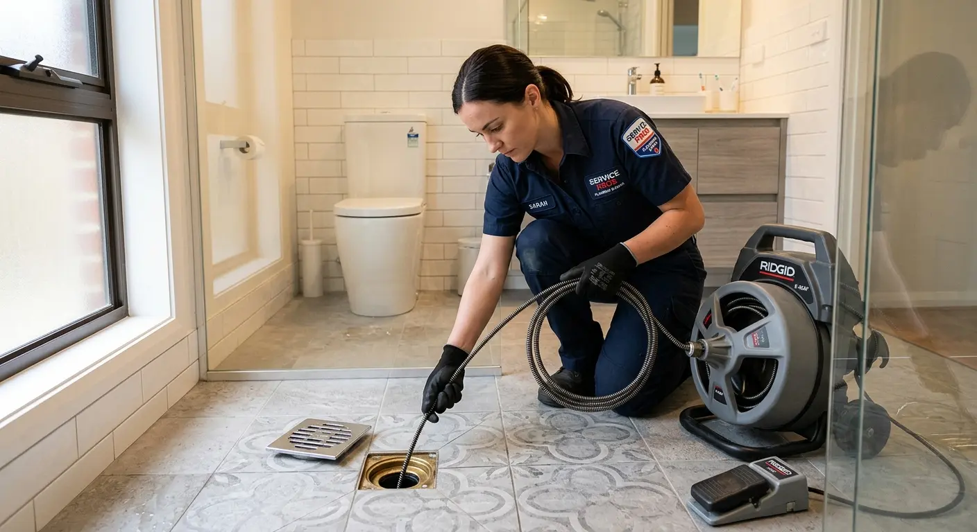 Technician clearing a bathroom floor drain for Drain Cleaning in Eastpointe